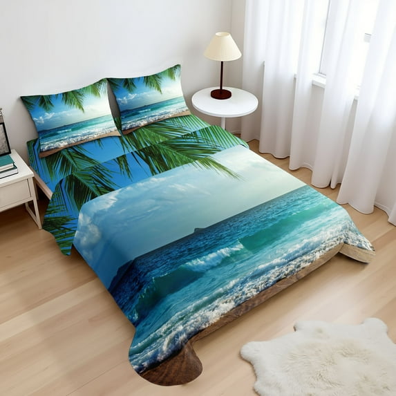 Ambesonne Ocean Fitted & Top Sheet Set with Shams, Palms Tropical Island, Green and Blue