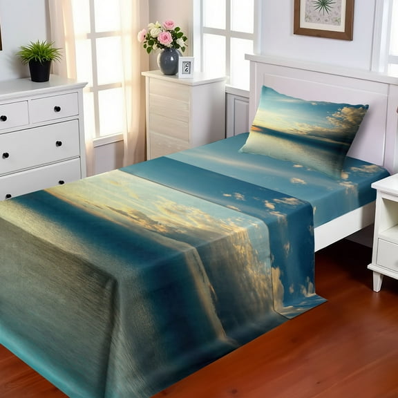 Ambesonne Coastal Fitted & Top Sheet Set with Sham, Sea Sunset Horizon, Teal Aqua Blue