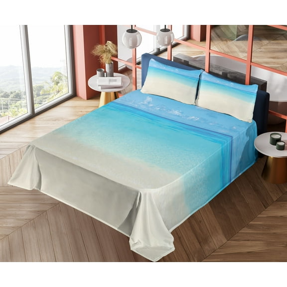 Ambesonne Tropical Fitted & Top Sheet Set with Shams, Carribean Sea Beach, Cream Navy