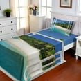 thumbnail image 1 of Ambesonne Ocean Fitted & Top Sheet Set with Sham, Paradise Island Palm Tree, White Green Blue, 1 of 4