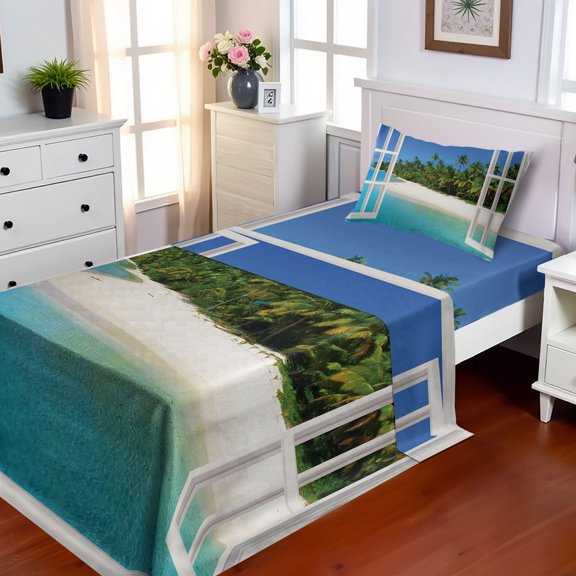 Ambesonne Ocean Fitted & Top Sheet Set with Sham, Paradise Island Palm Tree, White Green Blue
