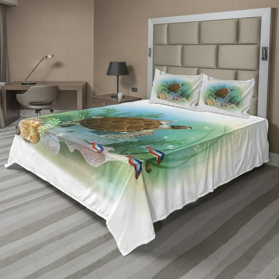 Ambesonne Ocean Fitted & Top Sheet Set with Shams, Sea Turtles Underwater, Green Brown