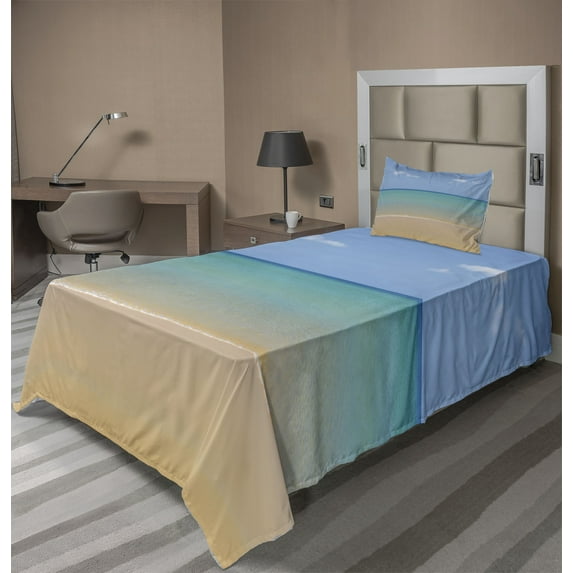 Ocean Sheet Set, Still Calm Sea at the Beach Aquatic Landscape Sun Peace Relax Nature Image, Fitted and Flat Sheet Pillowcase Bedding Accent 3 Piece Set, Twin XL, Cream Turquoise, by Ambesonne