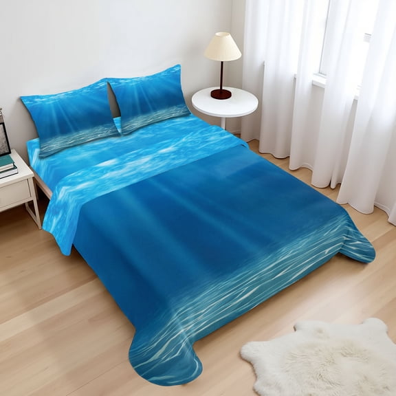 Ambesonne Ocean Fitted & Top Sheet Set with Shams, Underwater Wilderness, Blue Turquoise