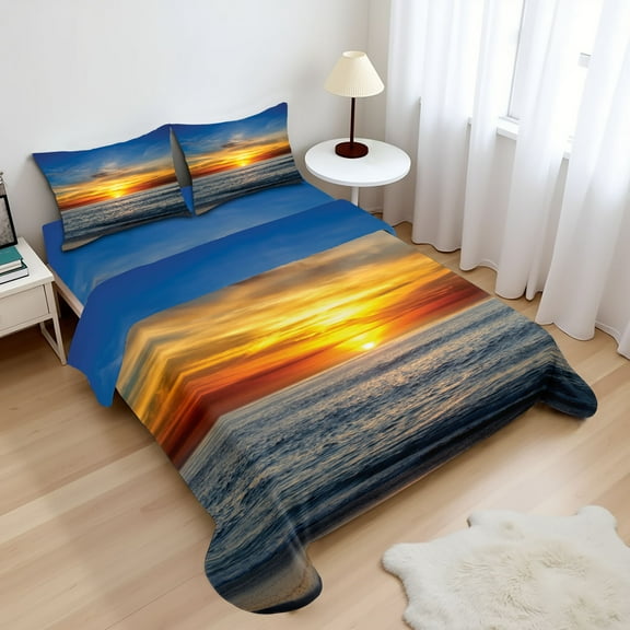 Ambesonne Ocean Fitted & Top Sheet Set with Shams, Pacific California Sunset, Orange Blue