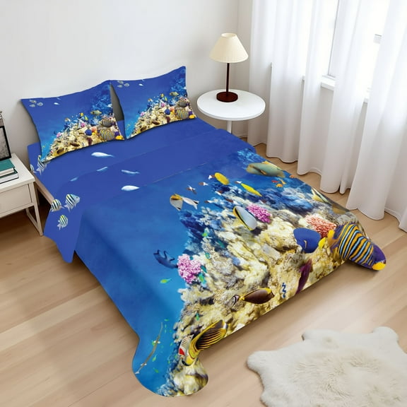 Ocean Sheet Set, Underwater Life Wilderness Caribbean Ocean Vacation in Tropics Seascape Theme Image, Fitted and Flat Sheet with Pillowcases Bedding Accent 4 Piece Set, Full, Blue Beige, by Ambesonne