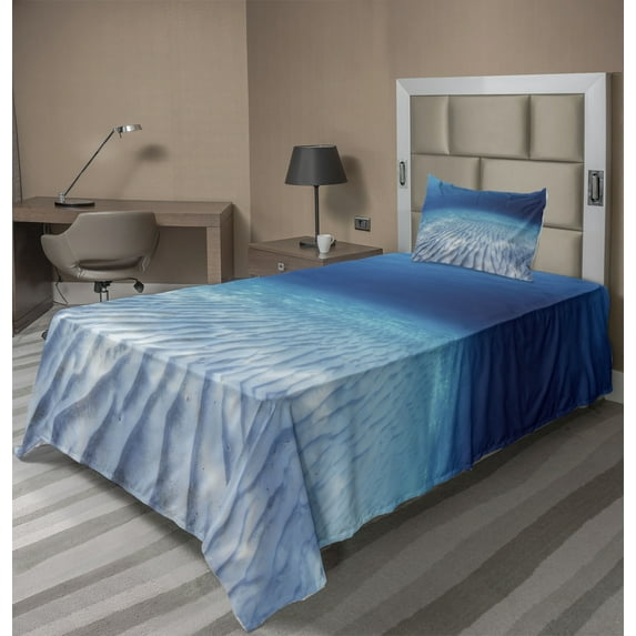 Ambesonne Ocean Fitted & Top Sheet Set with Sham, Clear Water and Waves, Navy Beige
