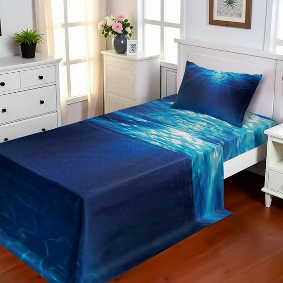 Ambesonne Ocean Fitted & Top Sheet Set with Sham, Sandy Seabed Sea Scene, Navy Blue Aqua