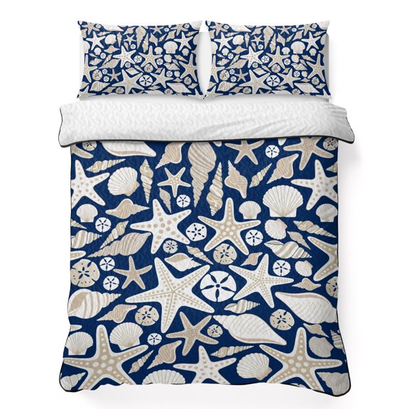 Ocean Shell 3 Piece Quilt Bedding Set with 2 Pillow Shams, Starfish Conch Retro Beach Blue Texture Lightweight Bedspread Coverlet, Soft Breathable All Season Quilt, 68 x 98 Inch