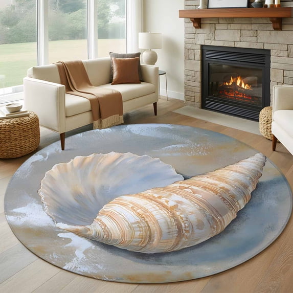 Ocean Shell 7FT Round Area Rugs for Living Room Coastal Spray Retro Beach Ultra-Thin Non-Slip Round Rugs Machine Washable Low Pile Circle Carpet for Bedroom Kitchen Nursery