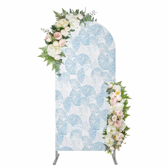 Ocean Shell Arch Backdrop Cover 7.2FT, Summer Coastal Seashells Texture Light Blue Spandex Fitted Stretchy Arch Stand Covers, Round Top Chiara Backdrop Cover for Wedding Party Birthday Baby Shower