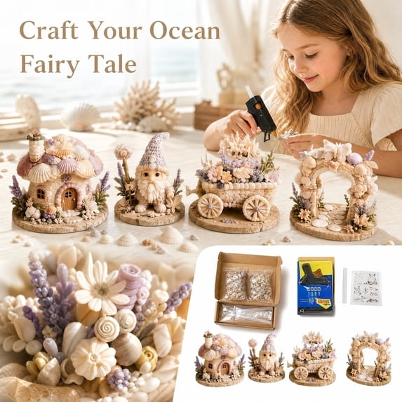 Ocean Shell Art DIY Kit, Craft Glue for Adults, Ocean Creature Handmade Art Set, 9.8x5.9 in Size, Coastal Seashell Design, DIY Home Decor, DIY Decorative Craft, Wall Decor, DIY for Gift