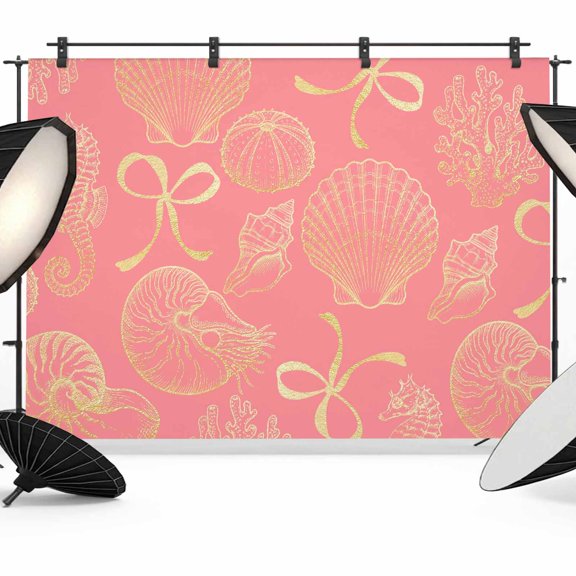 Ocean Shell Backdrop for Photography, Gold Seahorse Shells Bowknot Coral Pink Photo Backdrop Portrait Background Party Banner Photo Backgrounds for Studio Booth Props, 7x5ft