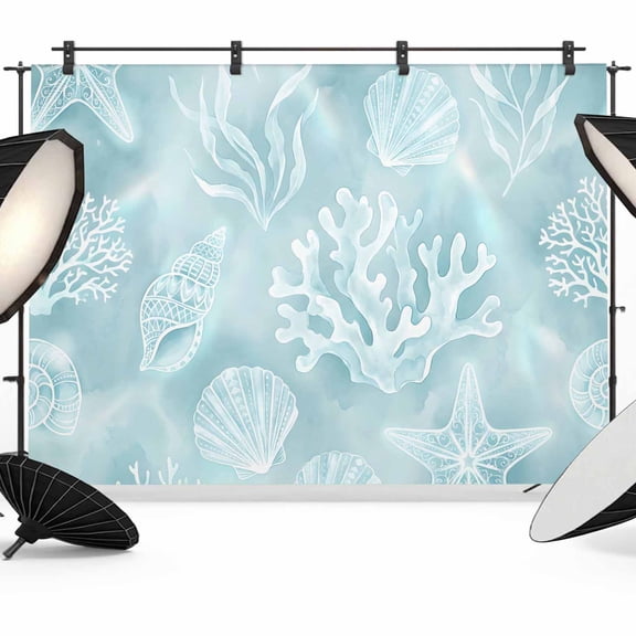 Ocean Shell Backdrop for Photography, Green Sea Shells Coral Stars Green Photo Backdrop Portrait Background Party Banner Photo Backgrounds for Studio Booth Props, 7x5ft