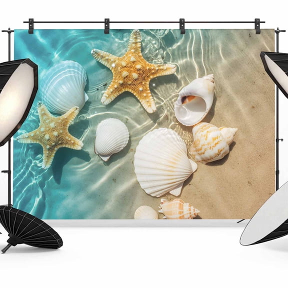 Ocean Shell Backdrop for Photoshoot,Photography Photo Studio Background Wall Backdrop,Beach Starfish Sea Water Sand Shore Back Drop Banner Panel for Portraits Wedding Live Streaming Decor 12x8Ft