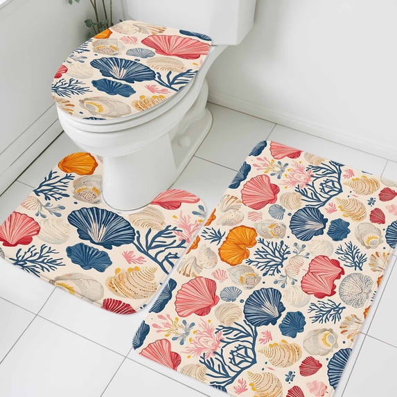 Ocean Shell Bathroom Rugs Set Colorful Shell Coral Abstract Texture Non Slip Absorbent Soft Bath Mats 3 Piece Set with Bathroom Rug, U-Shaped Floor Mat, Toilet Seat Cover Large Size