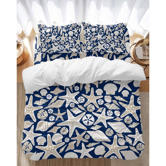 Ocean Shell Bedding Duvet Cover Set King Size 4 Pieces Starfish Conch Retro Beach Blue Texture Bedding Set with Zipper Closure, 1 Comforter Cover 92x106 Inches 1 Flat Sheet & 2 Pillow Cases