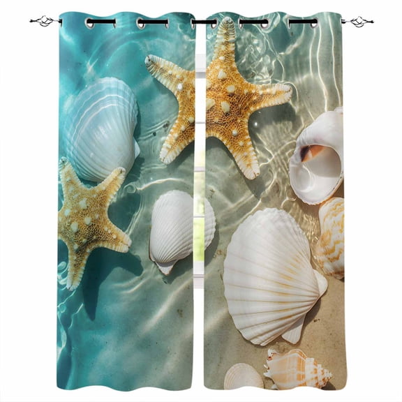 Ocean Shell Blackout Curtains for Bedroom Living Room Darkening Curtains 63 Inches Long Beach Starfish Sea Water Sand Shore Window Curtain 2 Panels Set Window Treatment Grommet Drapes 42"x63"