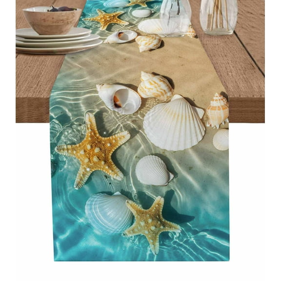 Ocean Shell Burlap Cotton Table Runner 13x36 Inches Short, Beach Starfish Sea Water Sand Shore Farmhouse Table Runners, Outdoor Dining Tablecloths Decor for Baby Shower/Party/Wedding