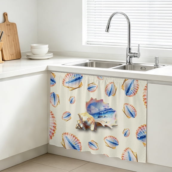 Ocean Shell Cabinet Curtains for Kitchen 10"W x 11"L, Summer Seaside Beach Wave Conch Beige Background Under Sink Skirt Magic Tape Short Curtain Decorative Privacy Panel for Bathroom Laundry
