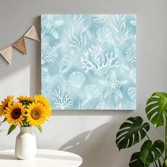 Ocean Shell Canvas Wall Art, Green Sea Shells Coral Stars Green Framed Canvas Wall Decor Picture Print Artwork Decorations for Living Room Office Ready to Hang 8" x 8"