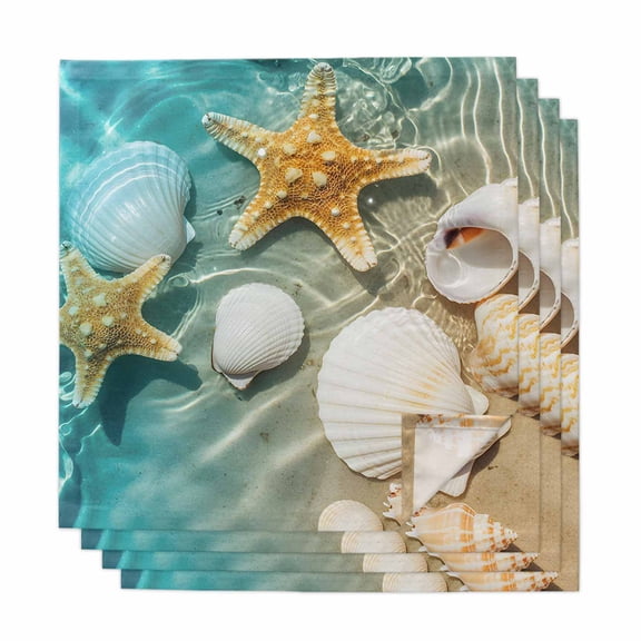 Ocean Shell Cloth Napkins, Beach Starfish Sea Water Sand Shore Washable and Reusable Dinner Napkins Set of 4, Table Napkin for Kitchen Party Birthday Wedding Hotel Housewarming 20"x20"