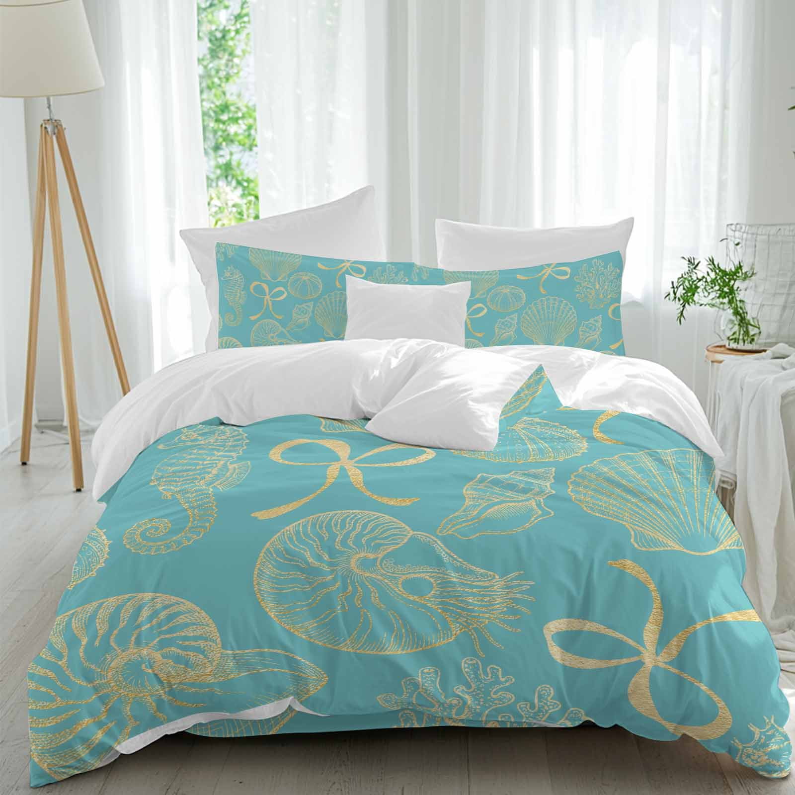 Ocean Shell Comforter Set California King Size, Gold Seahorse Shells ...