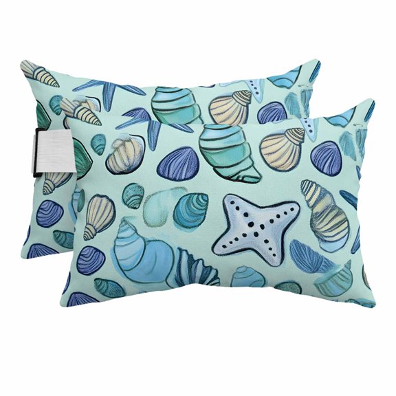 Ocean Shell Conch Cartoon Style Outdoor Pillow for Chaise Lounge Chair,Blue Waterproof Headrest Lumbar Pillows with Insert&Elastic Strap for Patio Pool Garden Chairs Decor,2 Pack