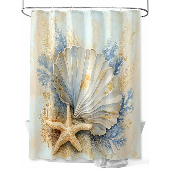 Ocean Shell Coral Shower Curtain, Starfish Coastal Vintage Waterproof Shower Curtain Set with 12 Hooks Lightweight Washable Fabric Shower Curtains for Bathroom 72x78 Inches