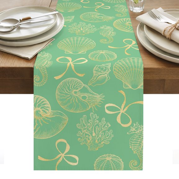 Ocean Shell Cotton Linen Table Runner Gold Seahorse Shells Bowknot Coral Mint Green Dining Table Runners for Home Decor Party Dining Room Restaurant Kitchen Party 13" x 108"
