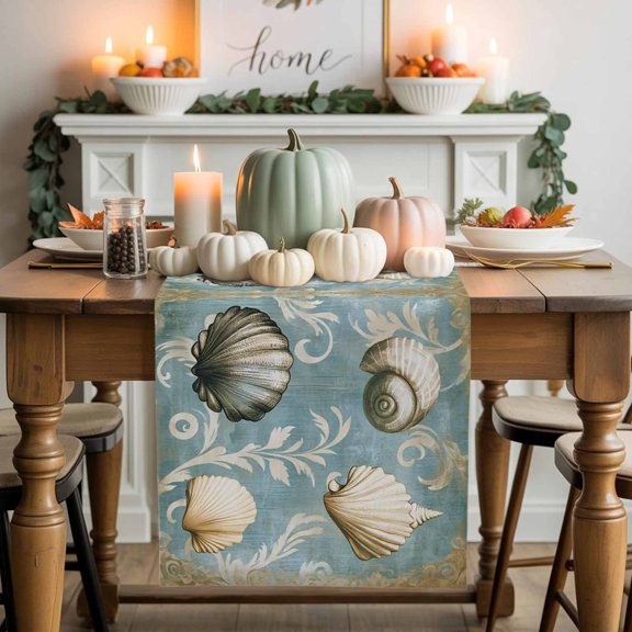 Ocean Shell Cotton Linen Table Runner, Washable Table Runners for Kitchen, Dining Room, Holiday, Home Party Table Decor, 13x48 Inches