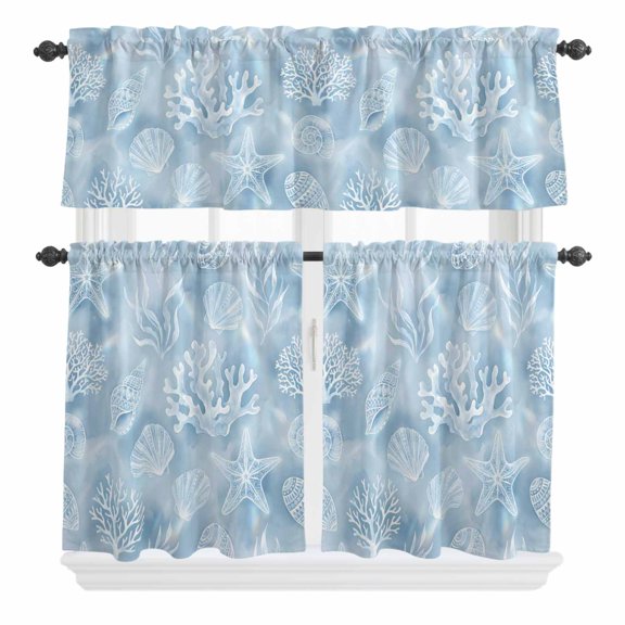 Ocean Shell Curtain Valances Set Blue Sea Shells Coral Stars Blue Kitchen Curtains 24 inch Length Rod Pocket Valance and Tiers 3 Piece Set Small Bedroom Bathroom Laundry Decor