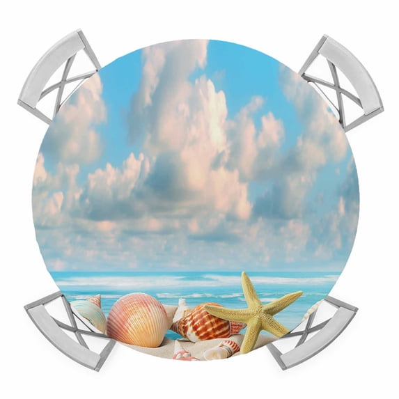 Ocean Shell Elastic Fitted Round Table Cover Beach Theme Starfish Conch Waterproof Outdoor Tablecloth for Holiday Party, Picnic, Patio & Dining Fits Tables Up to 36"-44"