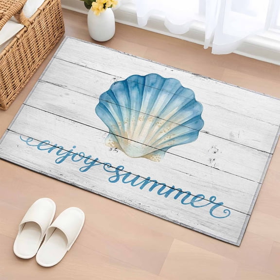 Ocean Shell Entryway Rug 2'x3' Non Slip Front Door Mats, Summer Coastal Marine Seashell Wooden Gray Entrance Rugs Indoor Outdoor Carpet, Washable Floor Mats Small Area Rug for Bedroom Kitchen