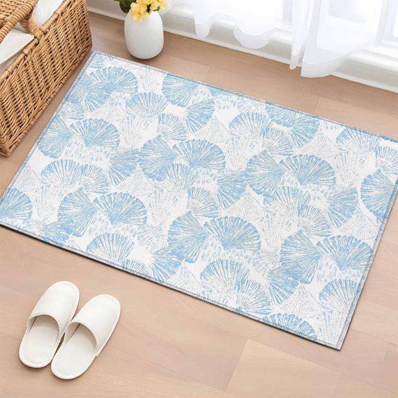 Ocean Shell Entryway Rug 2'x3'&nbsp; Non Slip Front Door Mats, Summer Coastal Seashells Texture Light Blue Entrance Rugs Indoor Outdoor Carpet, Washable Floor Mats Small Area Rug for Bedroom Kitchen