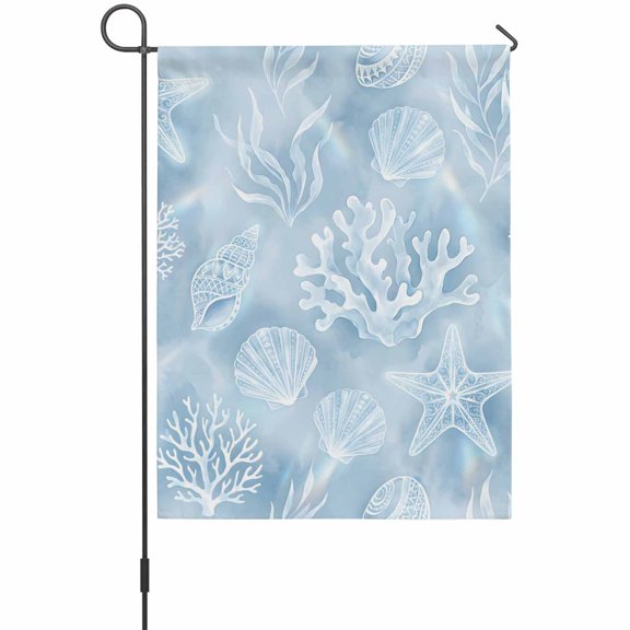 Ocean Shell Garden Flags For Outdoor, Blue Sea Shells Coral Stars Blue Small Double Side Yard Flags Weather Proof Garden Decor for Lawn Outside Holiday 12 x 18 Inches