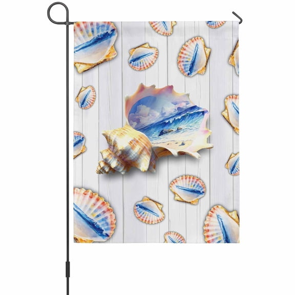 Ocean Shell Garden Flags For Outdoor, Summer Seaside Beach Wave Conch White Wood Grain Small Double Side Yard Flags Weather Proof Garden Decor for Lawn Outside Holiday 12 x 18 Inches