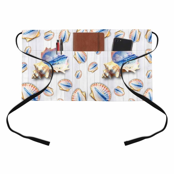 Ocean Shell Kitchen Restaurant Half Waist Apron, Summer Seaside Beach Wave Conch White Wood Grain Server Short Apron with 3 Pockets Waterproof Oil Waist Aprons for Women Waitress Waiter