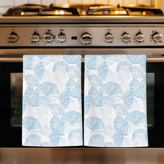 Ocean Shell Kitchen Towels Set of 2, Summer Coastal Seashells Texture Light Blue Absorbent Dish Towels for Kitchen, Microfiber Hand Towel, Quick Drying Tea Towel for Cleaning Decorative Dishcloths