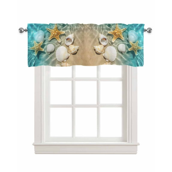 Ocean Shell Kitchen Valances for Windows Farmhouse Linen Window Valance Curtain for Living Room Window Treatment Beach Starfish Sea Water Sand Shore Valance Rod Pocket Topper Drape, 54 x 18 Inch