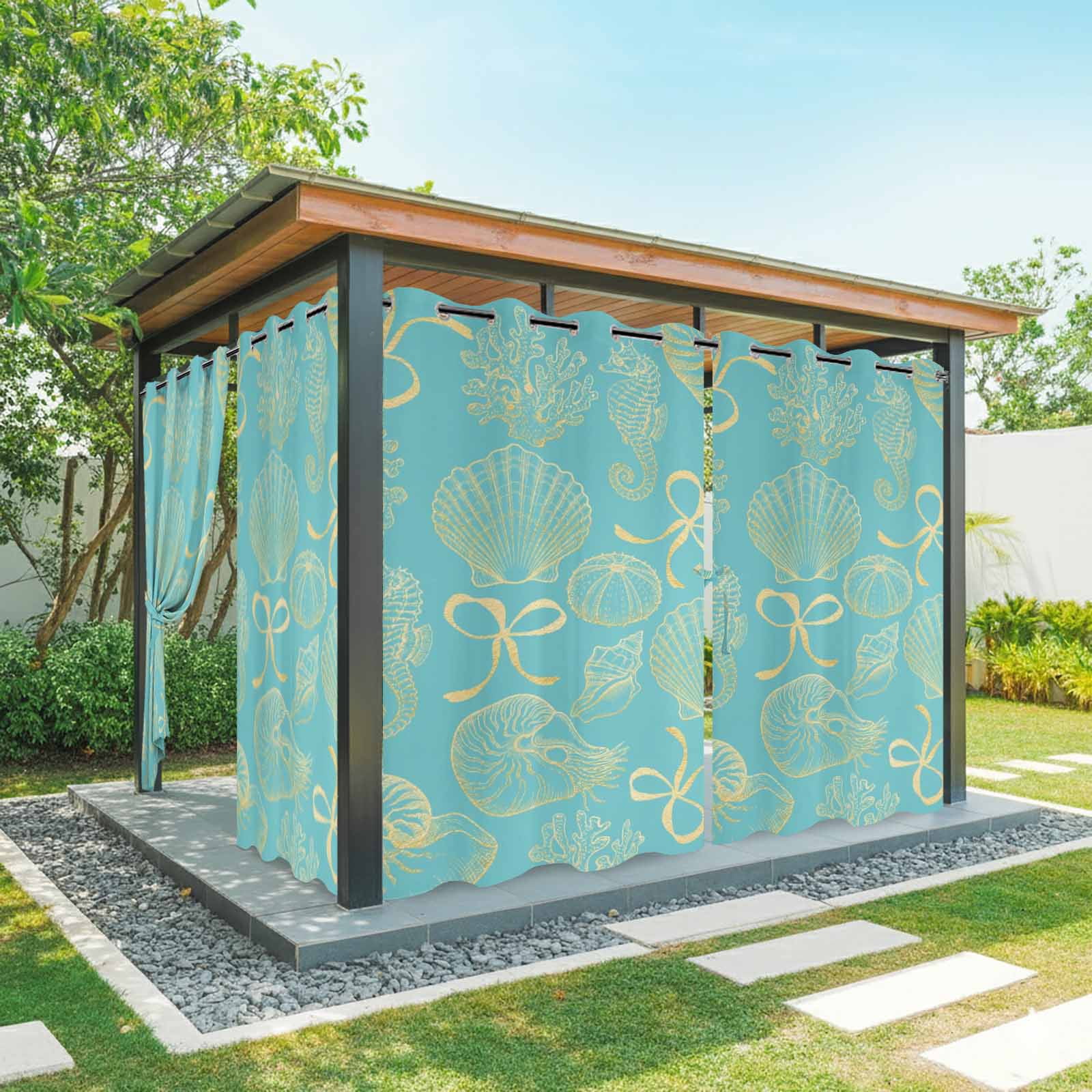 Ocean Shell Outdoor Curtains for Patio, Gold Seahorse Shells Bowknot Coral Blue Sunshade Privacy Drapes Grommet Waterproof Outside Curtains for Porch/Cabana/Balcony 54"x 108", 1 Panel