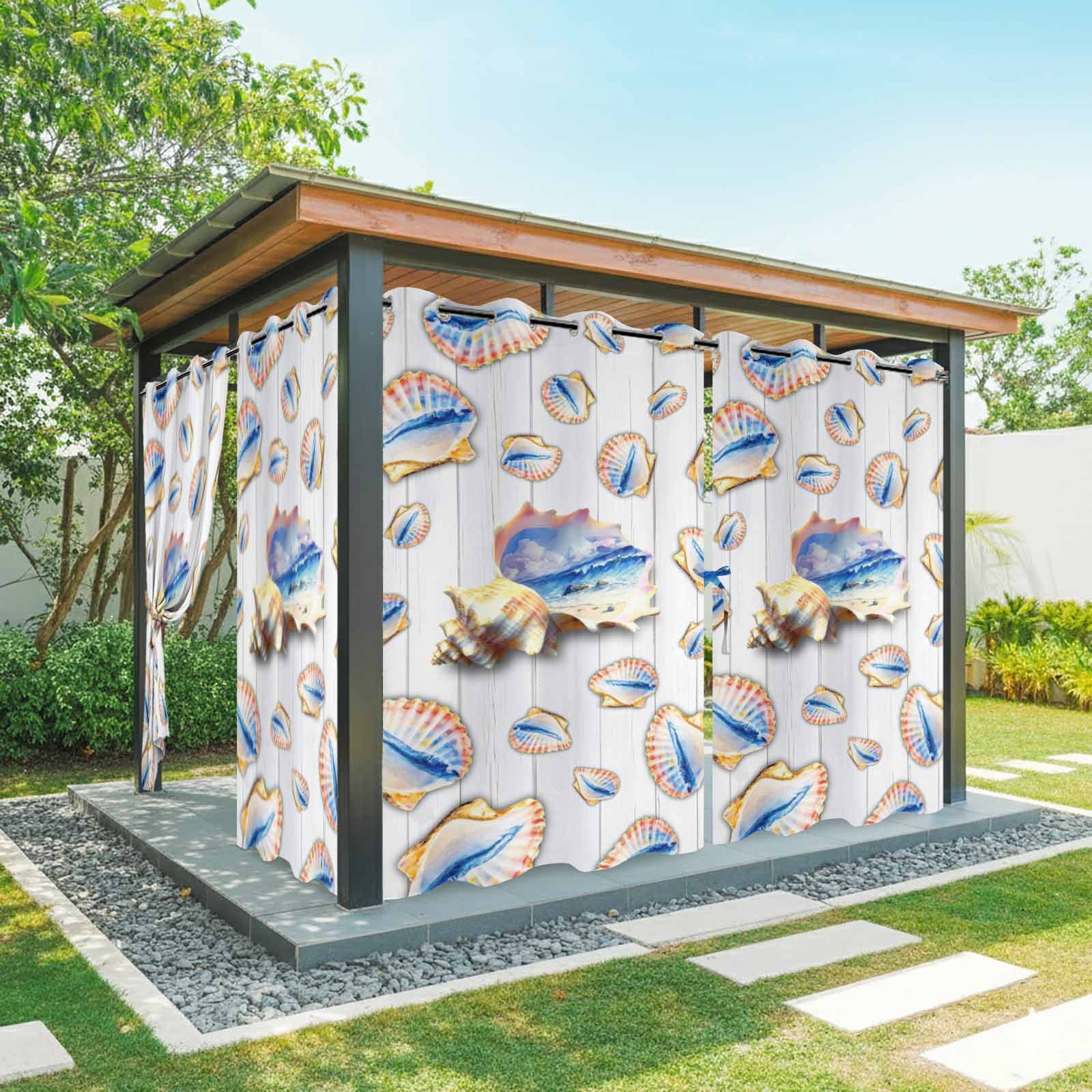 Ocean Shell Outdoor Curtains for Patio, Summer Seaside Beach Wave Conch White Wood Grain Sunshade Privacy Drapes Grommet Waterproof Outside Curtains for Porch/Cabana/Balcony 54"x 108", 1 Panel