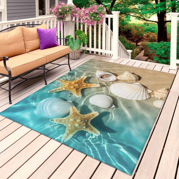 Ocean Shell Outdoor Rug for Patio/Deck/Porch, Non-Slip Large Area Rug 4 x 6 Ft, Beach Starfish Sea Water Sand Shore Indoor Outdoor Rugs Washable Area Rugs, Reversible Camping Rug Carpet Runner