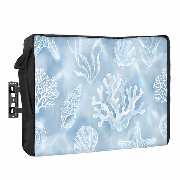 Ocean Shell Outdoor TV Cover 30 to 32 inch Weatherproof Waterproof, Blue Sea Shells Coral Stars Blue TV Enclosures with Remote Control Pocket Flat Screen Protector for Outside