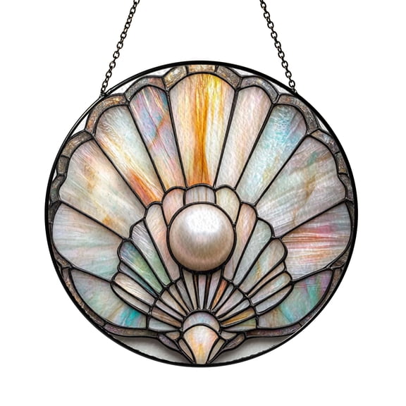 Ocean Shell Pearl Window Hanging Stained Glass Style Suncatcher, Coastal Window Panel Art Decor
