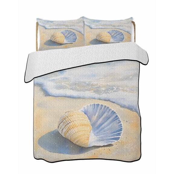 Ocean Shell Quilts Bedding Set King Size Summer Beach Wave Lightweight Quilted Bedspread 3 Piece Bed Quilt with 2 Pillow Shams All Season for Bedroom 90" x 96"