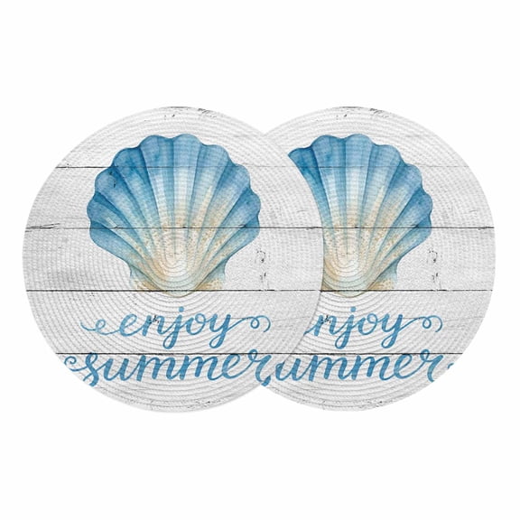 Ocean Shell Round 13 Inch Placemats Set of 2, Summer Coastal Marine Seashell Wooden Gray HeatResistant Non Slip Place Mats for Dining Table, Wipeable Braided Kitchen Table Mats for Housewarming