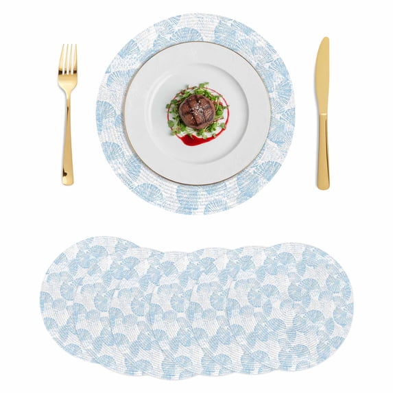 Ocean Shell Round 13 Inch Placemats Set of 6, Summer Coastal Seashells Texture Light Blue HeatResistant Non Slip Place Mats for Dining Table, Wipeable Braided Kitchen Table Mats for Housewarming