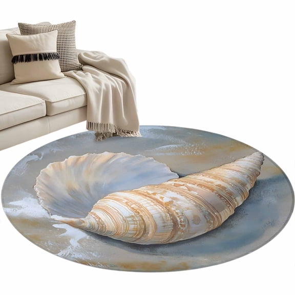 Ocean Shell Round Area Rug 4ft Coastal Spray Non-Slip Washable Circle Rugs Soft Felt Indoor Floor Mat for Bedroom Kitchen Living Room Bathroom