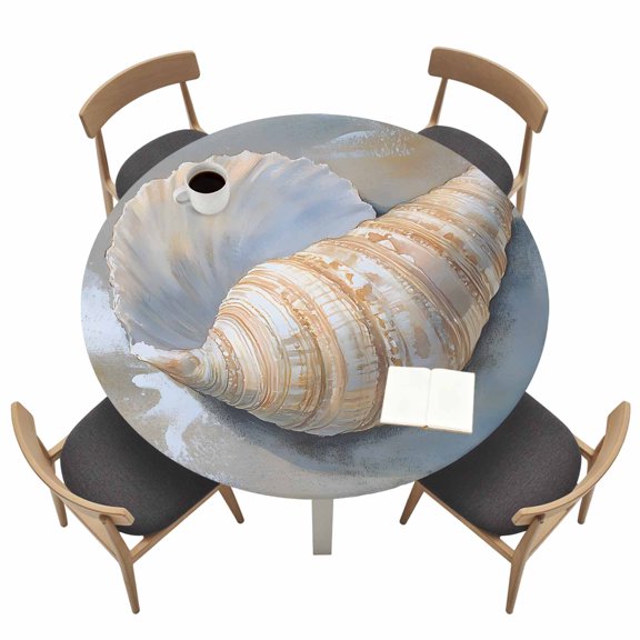 Ocean Shell Round Fitted Tablecloth Coastal Spray Waterproof Elastic Stretch Table Cover for 36"-44" Round Table, Oil Proof Tablecloth for Picnic Party Dinner